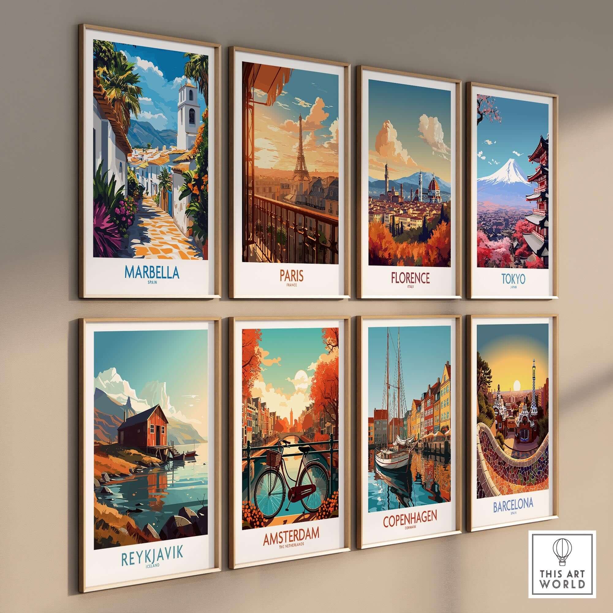 Marbella Print collection showcasing stunning travel posters from various cities, including Marbella, Paris, and Florence.