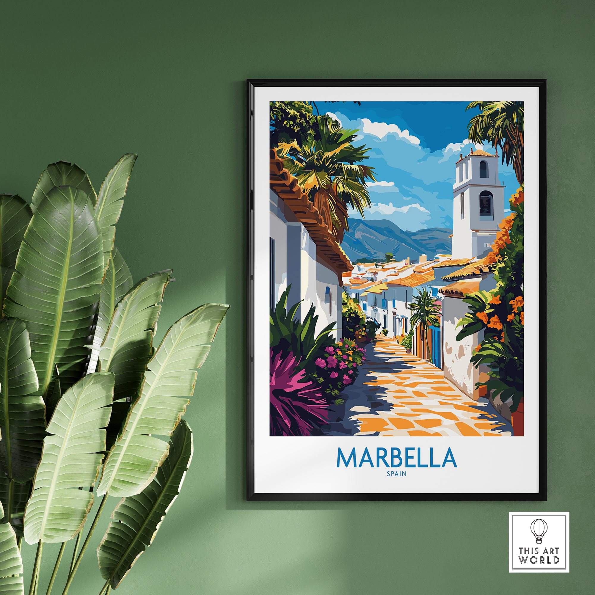 Marbella Print showcasing a picturesque street in Marbella, Spain, adorned with flowers and palm trees.