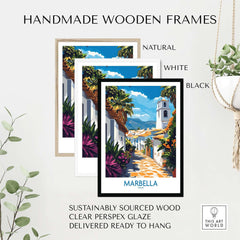 Handmade wooden frames in natural, white, and black for Marbella Print, showcasing sustainable wood and ready-to-hang design.