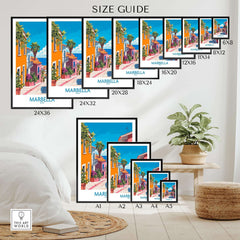 Marbella Spain Wall Art Print size guide showcasing various frame sizes and vibrant design elements.