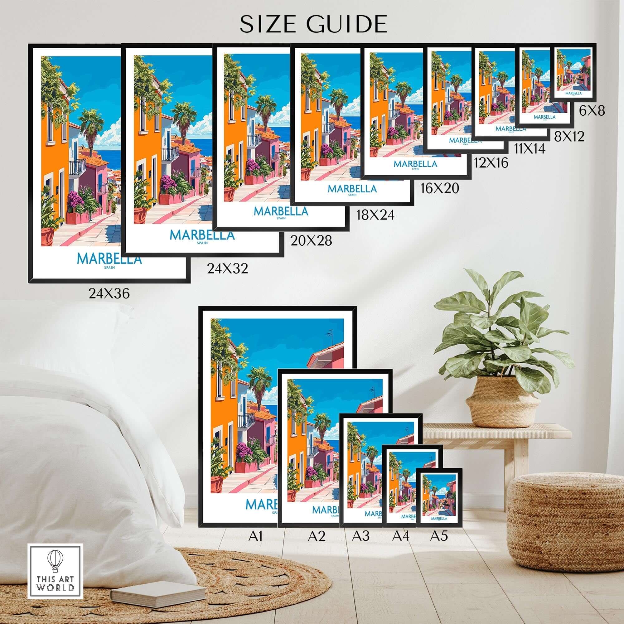 Marbella Spain Wall Art Print size guide showcasing various frame sizes and vibrant design elements.