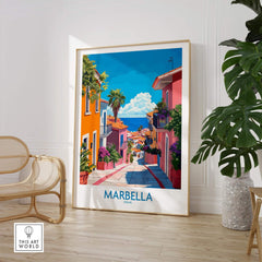 Marbella Spain Wall Art Print showcasing vibrant colors and Mediterranean views in a stylish interior setting.
