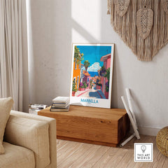 Marbella Spain Wall Art Print showcasing vibrant colors and Mediterranean views in a stylish home setting.