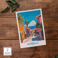 Marbella Spain Wall Art Print showcasing a colorful street view of Marbella with Mediterranean scenery.