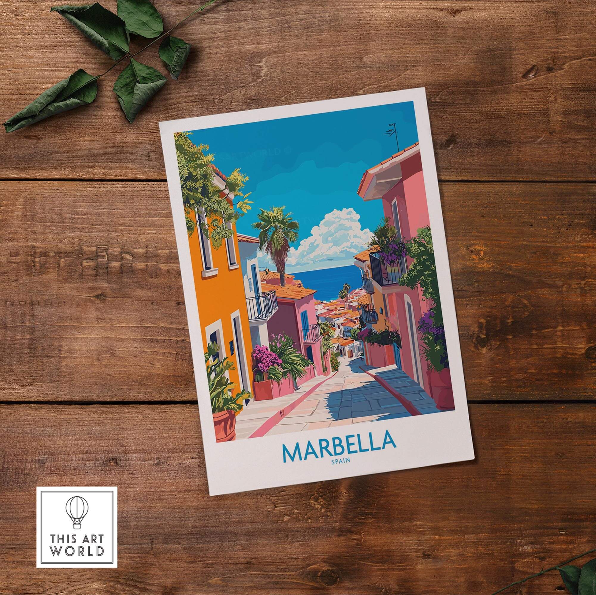Marbella Spain Wall Art Print showcasing a colorful street view of Marbella with Mediterranean scenery.