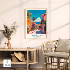 Marbella Spain Wall Art Print showcasing a vibrant street scene with traditional architecture and Mediterranean colors.