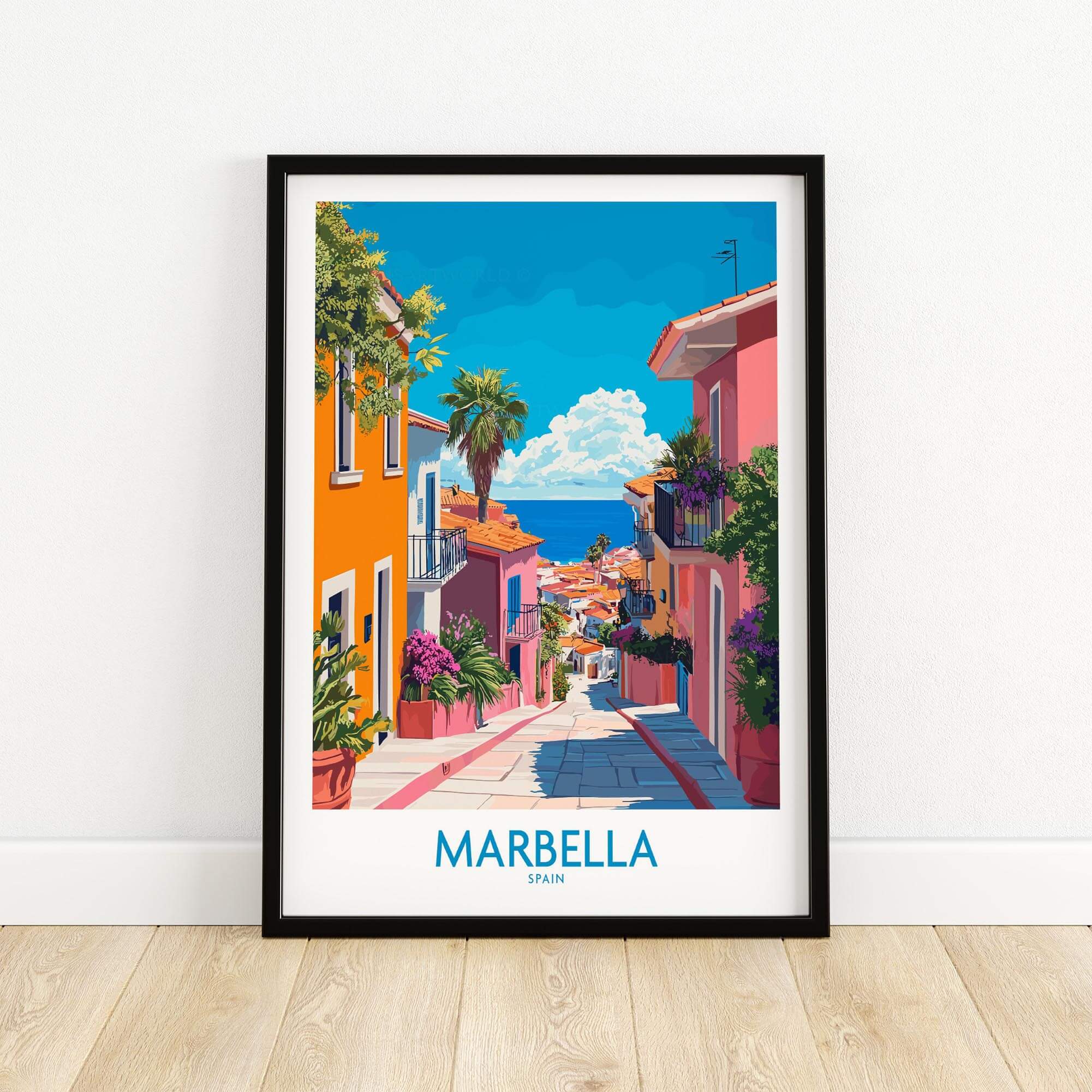 Marbella Spain Wall Art Print featuring vibrant street views and Mediterranean charm.