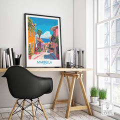Marbella Spain Wall Art Print displayed in a stylish office setting with vibrant colors and Mediterranean views.