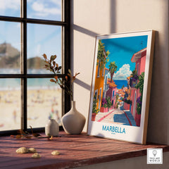 Marbella Spain Wall Art Print featuring vibrant Mediterranean scenery by a window.