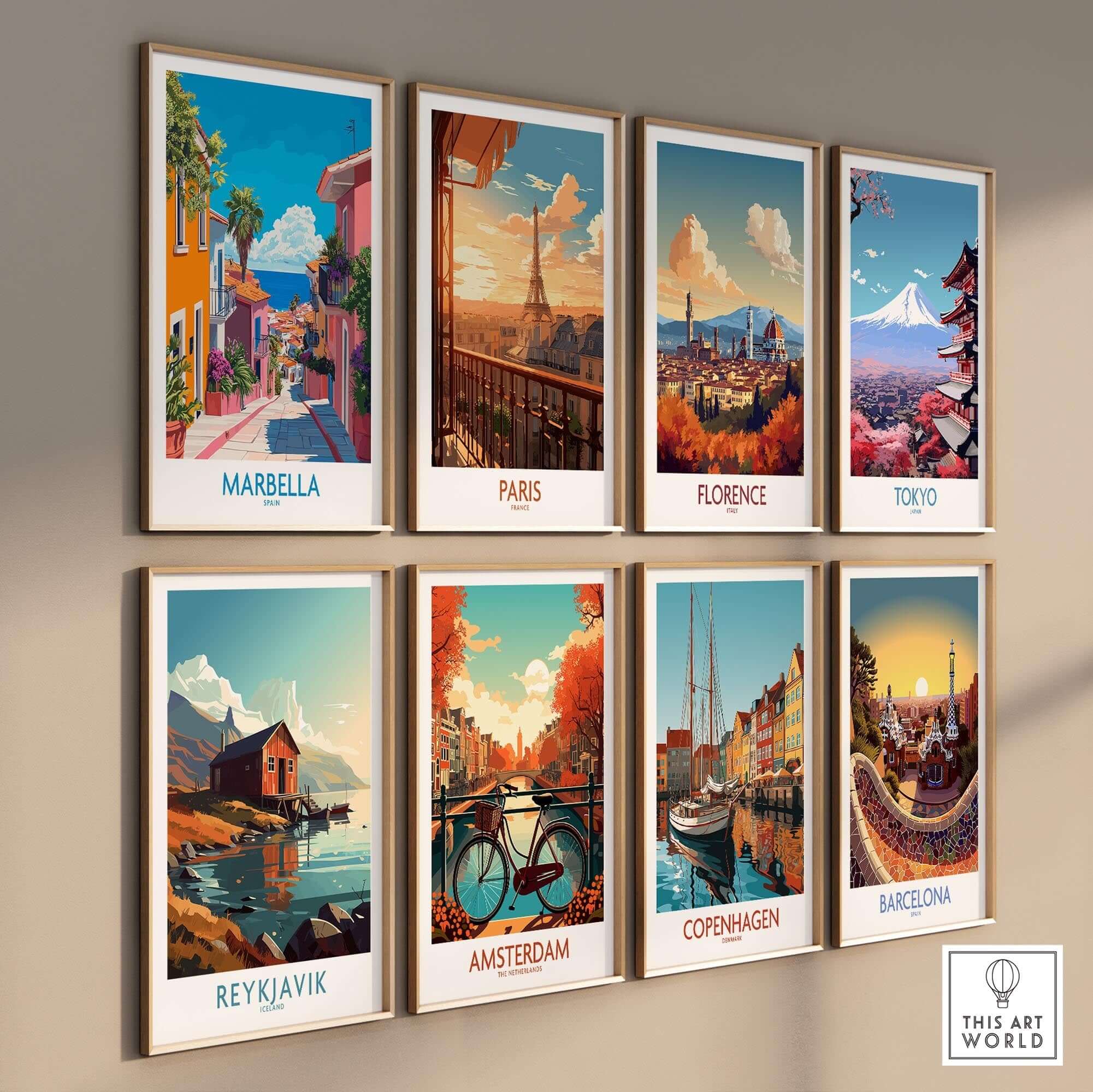 Marbella Spain Wall Art Print and other travel-themed prints on a wall.