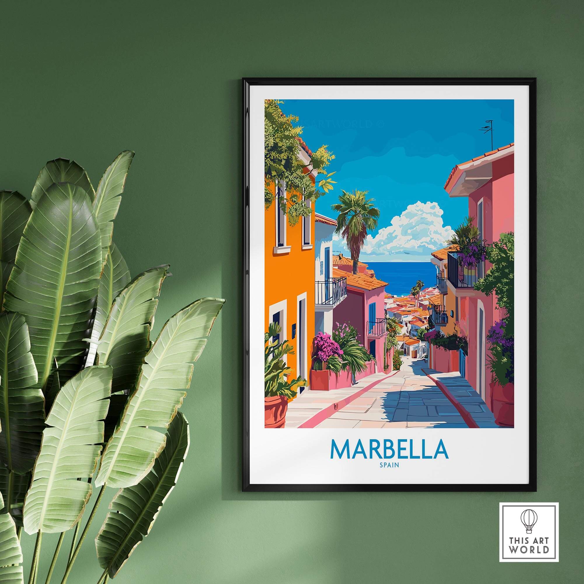 Marbella Spain Wall Art Print showcasing colorful streets and Mediterranean views.