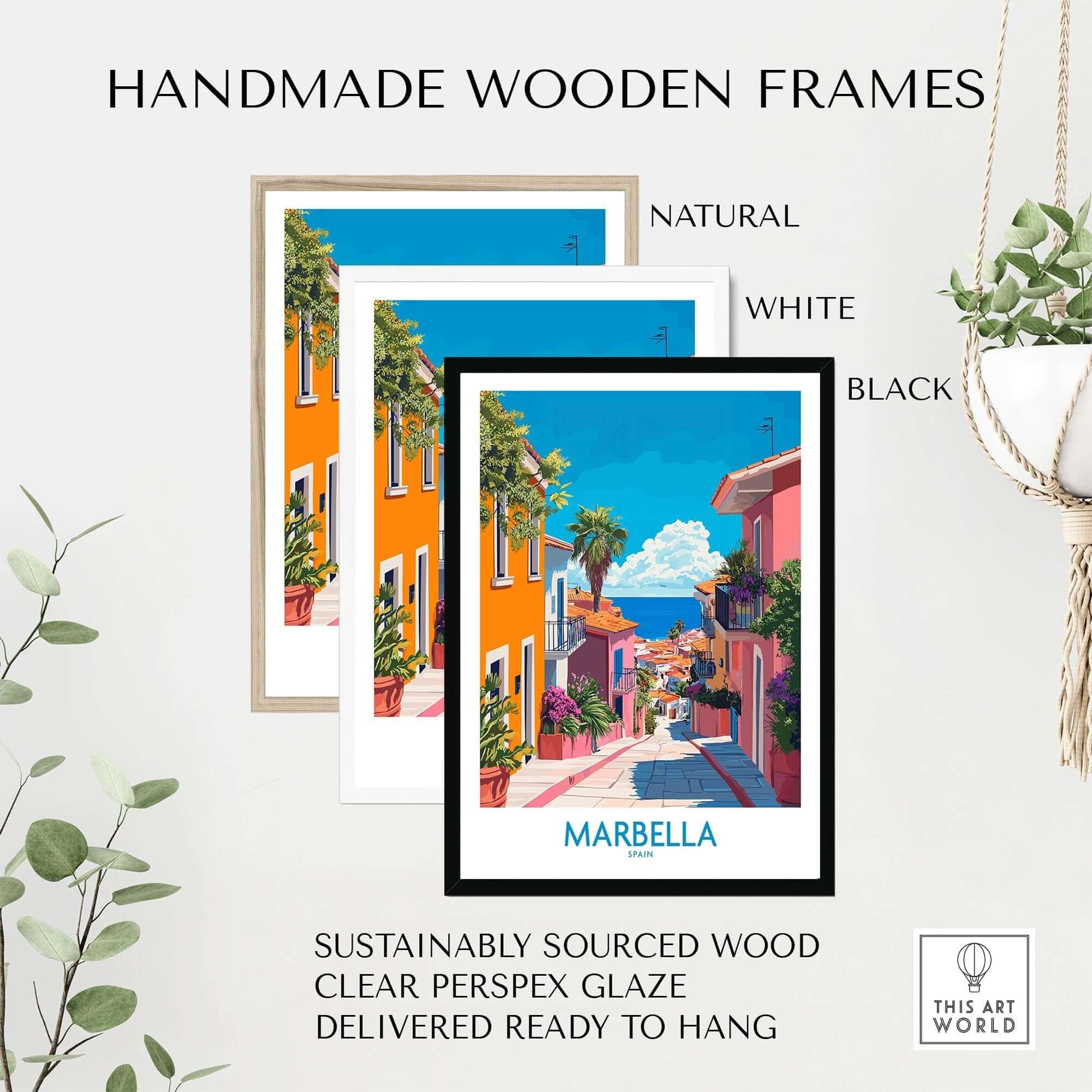 Marbella Spain Wall Art Print framed in natural, white, and black handmade wooden frames with clear perspex glaze.