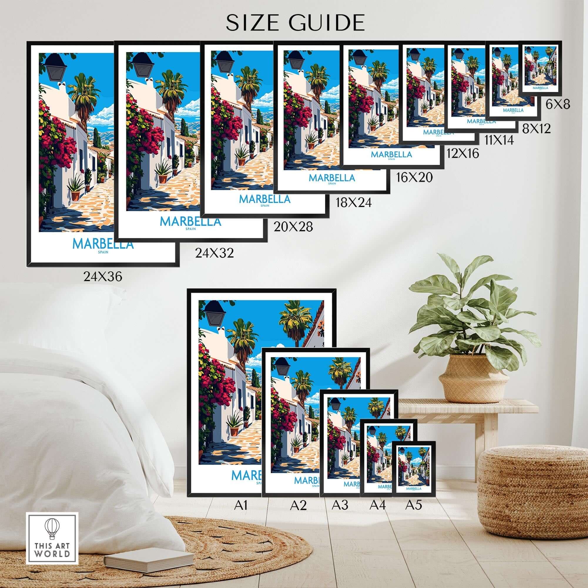 Marbella Travel Poster size guide showcasing various dimensions and vibrant design details.