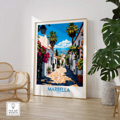 Marbella Travel Poster showcasing a vibrant Spanish street scene with flowers and palm trees in a stylish home setting.
