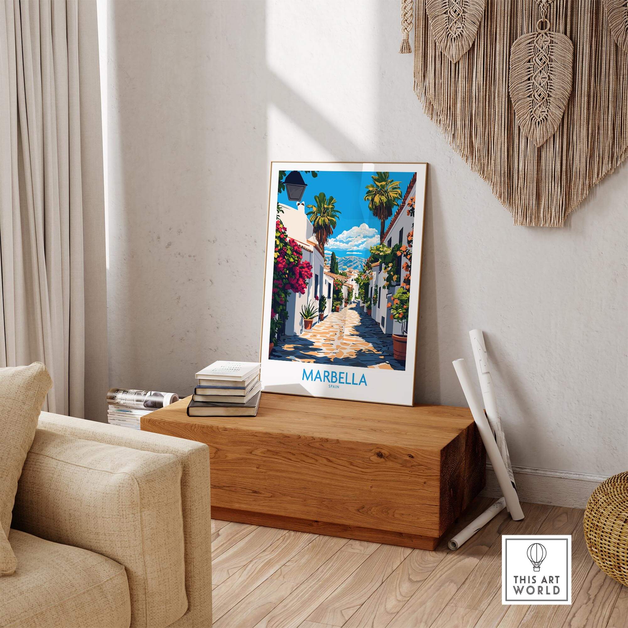 Marbella Travel Poster showcasing vibrant colors and intricate details of a Spanish seaside paradise.