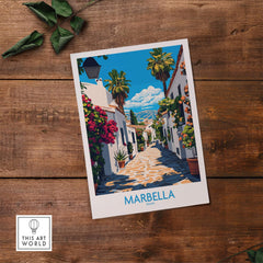 Marbella Travel Poster featuring a vibrant street scene with palm trees and blue skies in Spain.