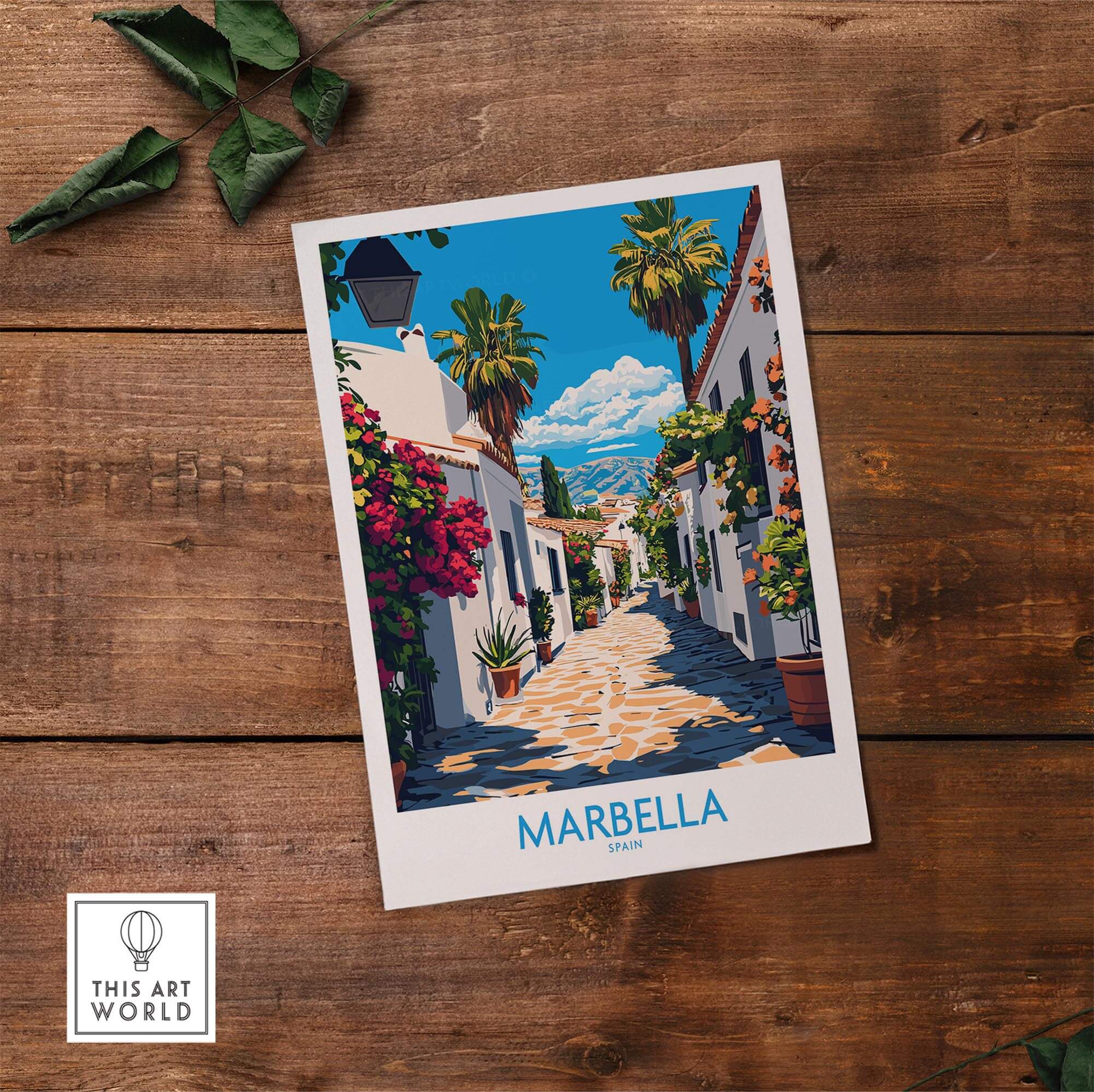 Marbella Travel Poster featuring a vibrant street scene with palm trees and blue skies in Spain.
