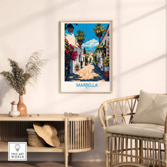 Marbella Travel Poster showcasing a picturesque street in Marbella with vibrant colors and floral details.