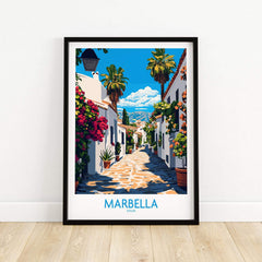 Marbella Travel Poster featuring a vibrant street scene with palms and colorful flowers in Spain.