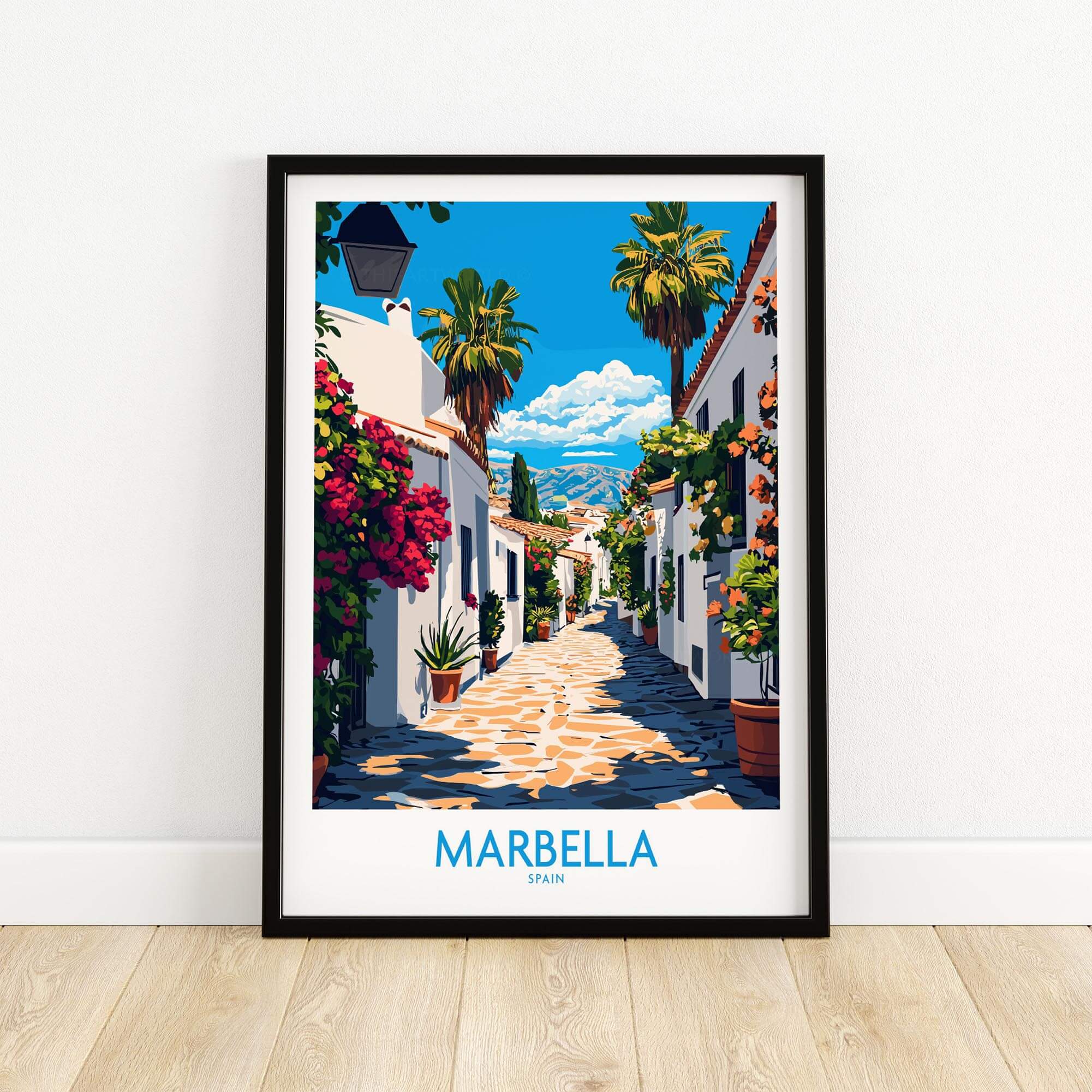 Marbella Travel Poster featuring a vibrant street scene with palms and colorful flowers in Spain.