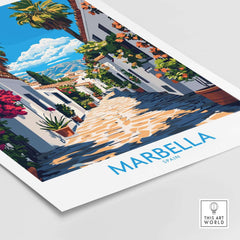 Marbella Travel Poster featuring vibrant street scene in Marbella, Spain with colorful flowers and detailed architecture.