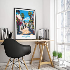 Marbella Travel Poster displayed in a modern home office setting, highlighting the beauty of Marbella.