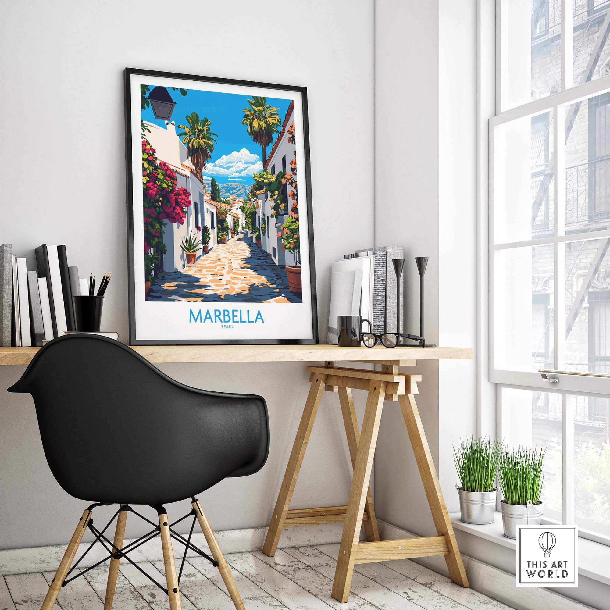 Marbella Travel Poster displayed in a modern home office setting, highlighting the beauty of Marbella.