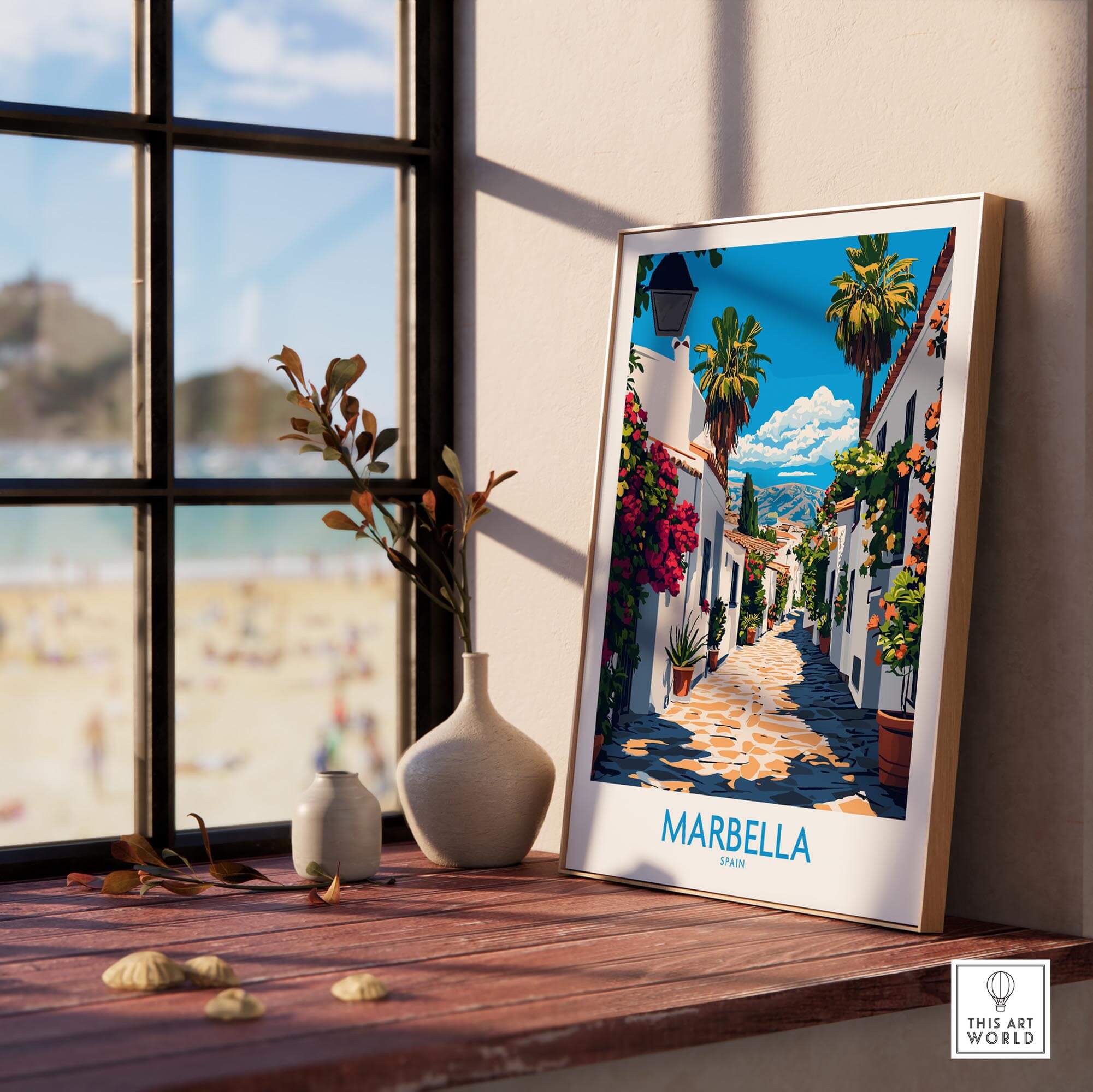 Marbella Travel Poster featuring vibrant colors and details of a beautiful Spanish seaside village.