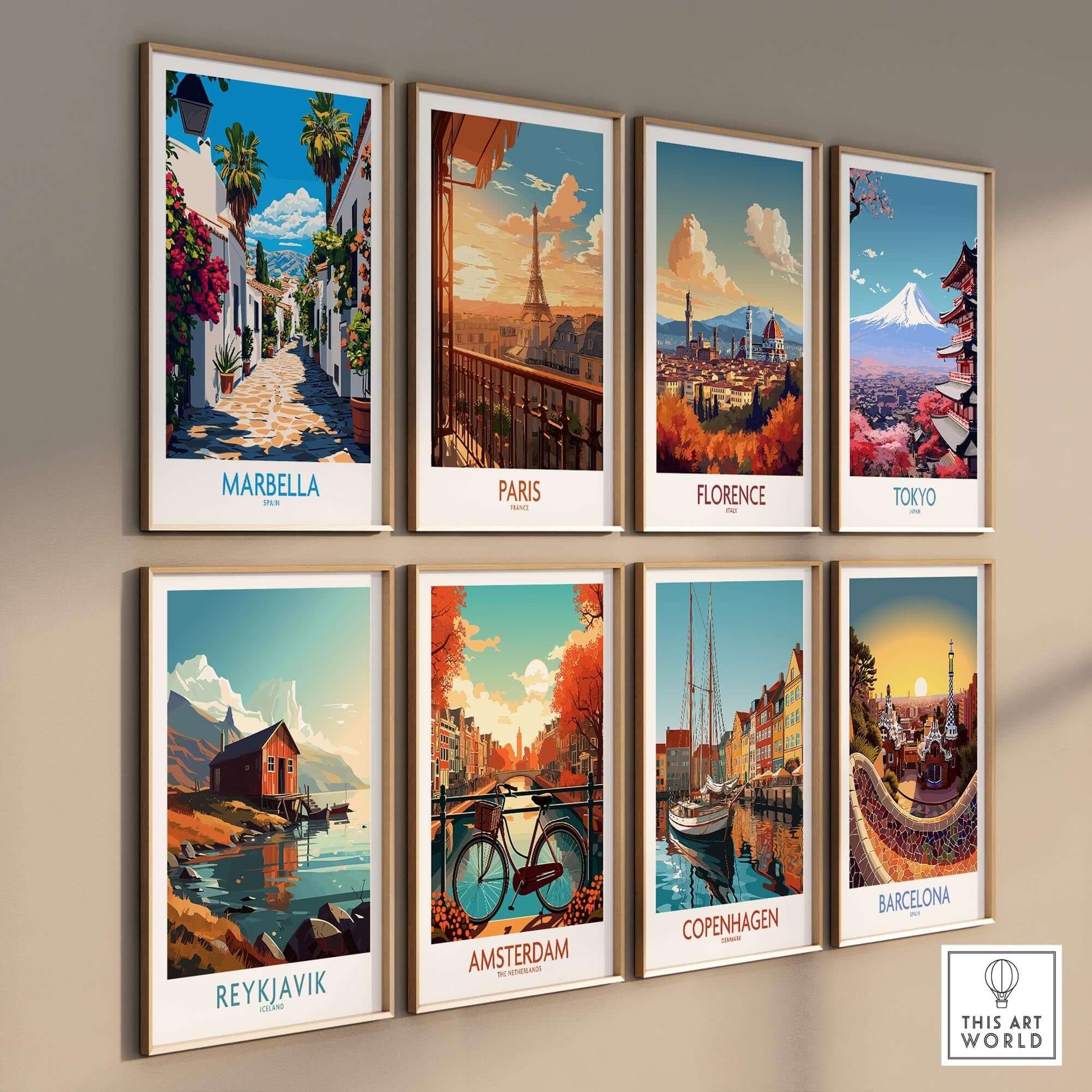 Marbella Travel Poster and other city travel posters on a wall, showcasing vibrant art of global destinations.