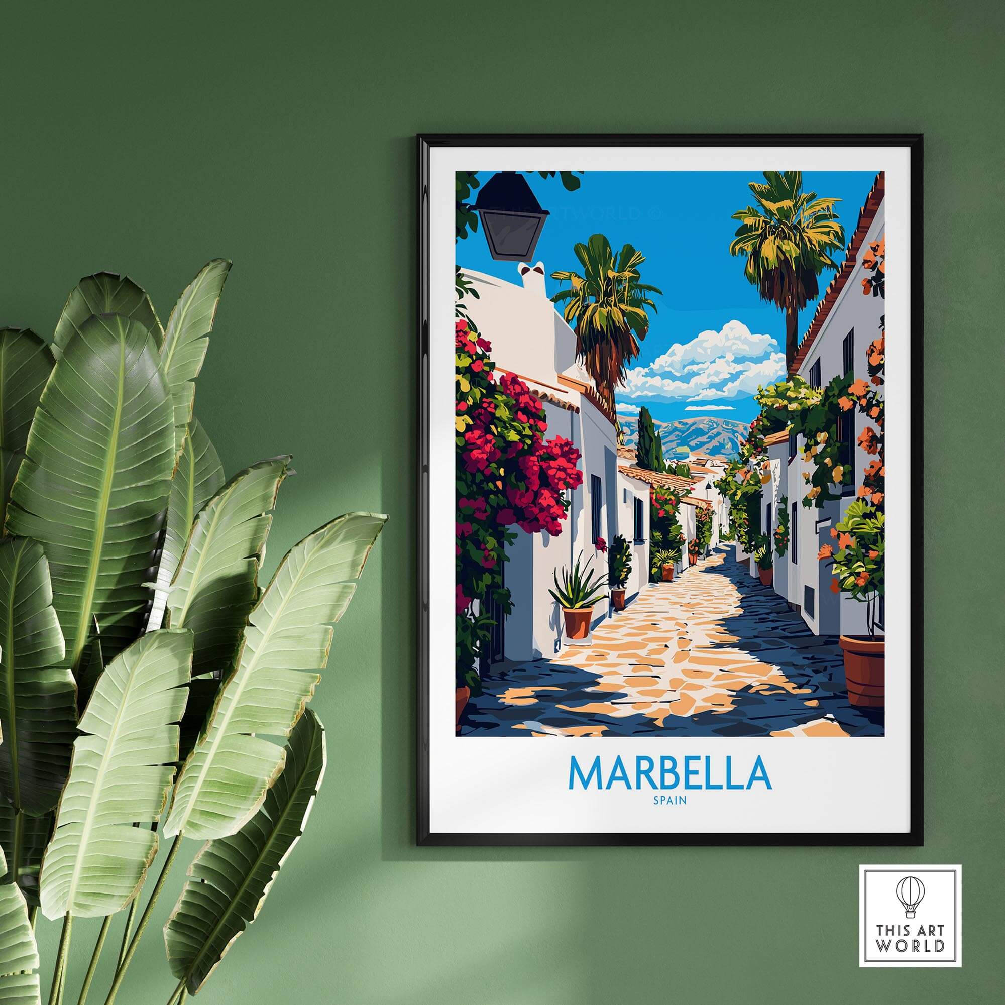 Marbella Travel Poster showcasing a vibrant street in Marbella, Spain, surrounded by lush greenery and colorful flowers.