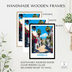 Handmade wooden frames for Marbella Travel Poster in natural, white, and black colors with a vibrant seaside design.