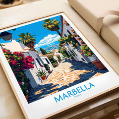 Marbella Travel Poster showcasing vibrant street scene with flowers and palm trees in Marbella, Spain.