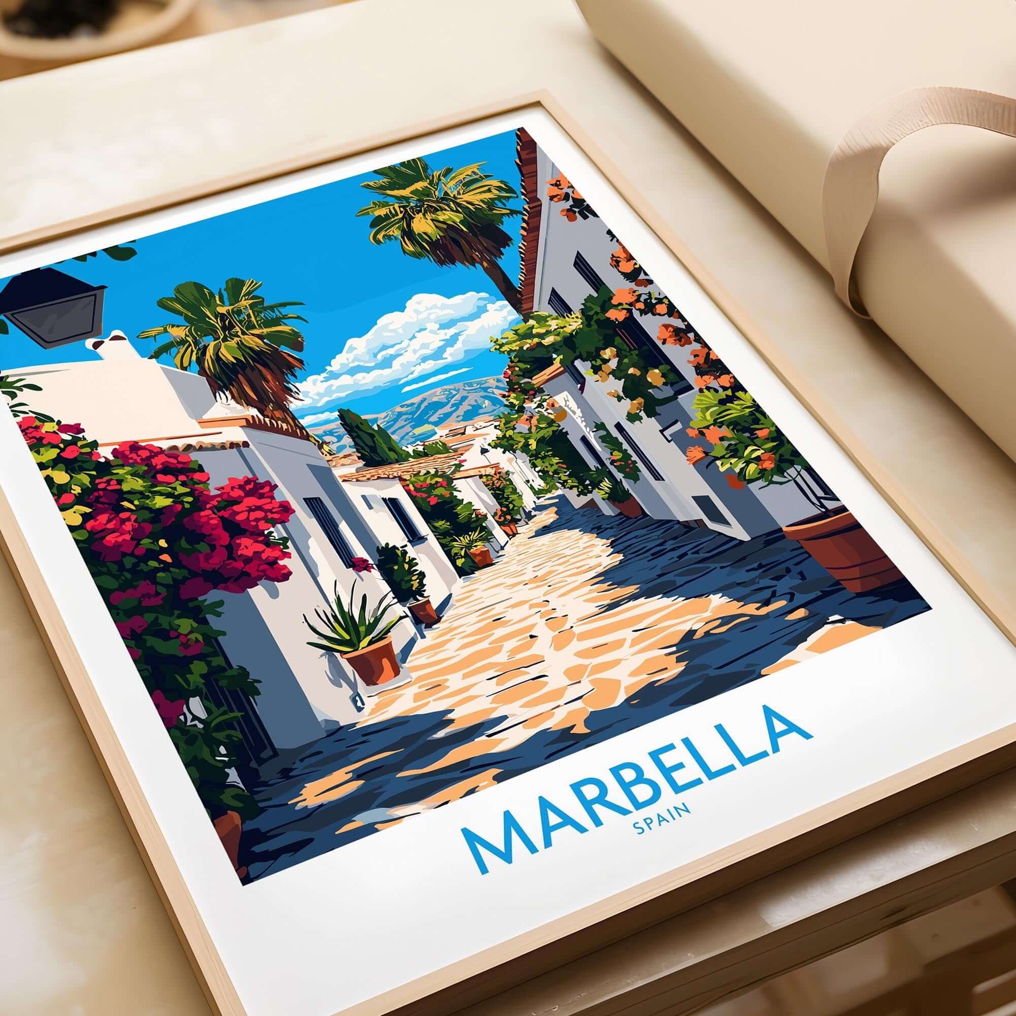 Marbella Travel Poster showcasing vibrant street scene with flowers and palm trees in Marbella, Spain.