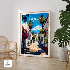 Marbella Travel Print showcasing a scenic street in Marbella, Spain, with vibrant colors and lush greenery.