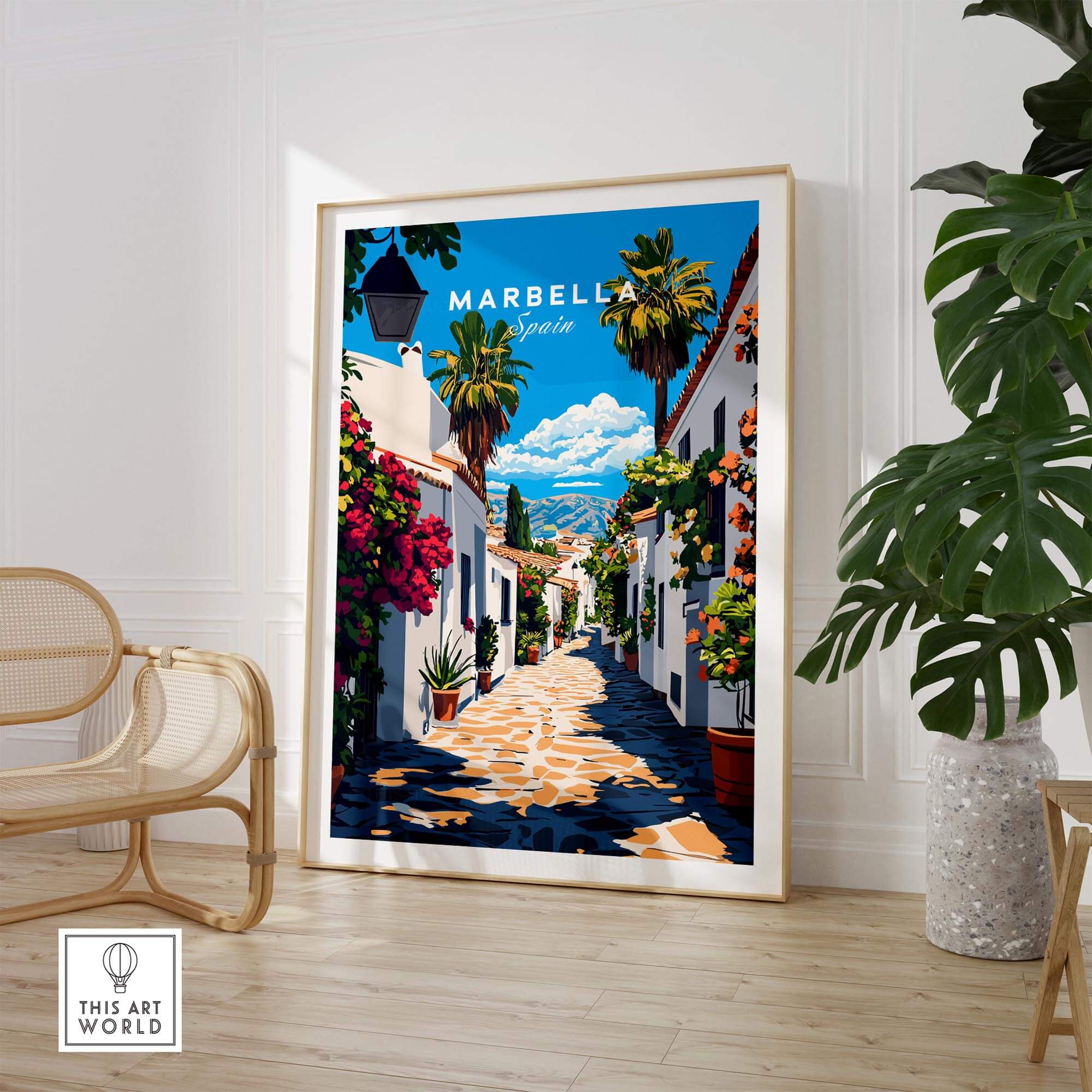 Marbella Travel Print showcasing a scenic street in Marbella, Spain, with vibrant colors and lush greenery.