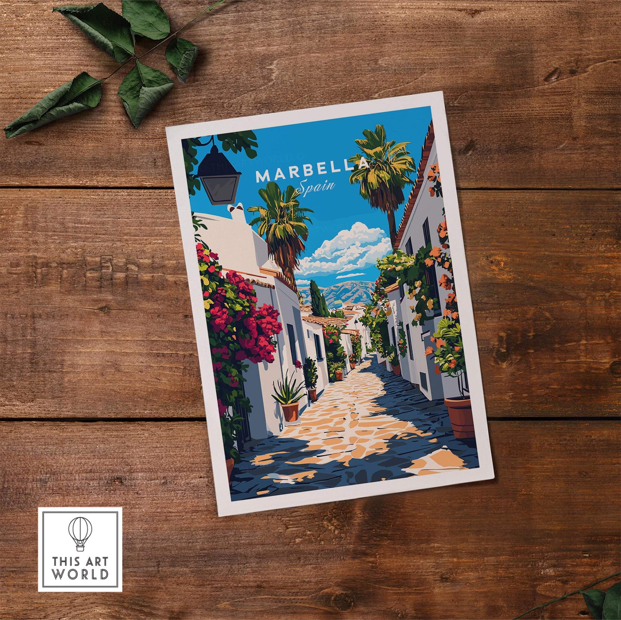 Marbella Travel Print showcasing a scenic street in Marbella, Spain, with vibrant flowers and picturesque architecture.