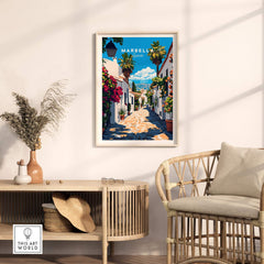 Marbella Travel Print displayed in a stylish home setting with beautiful decor.