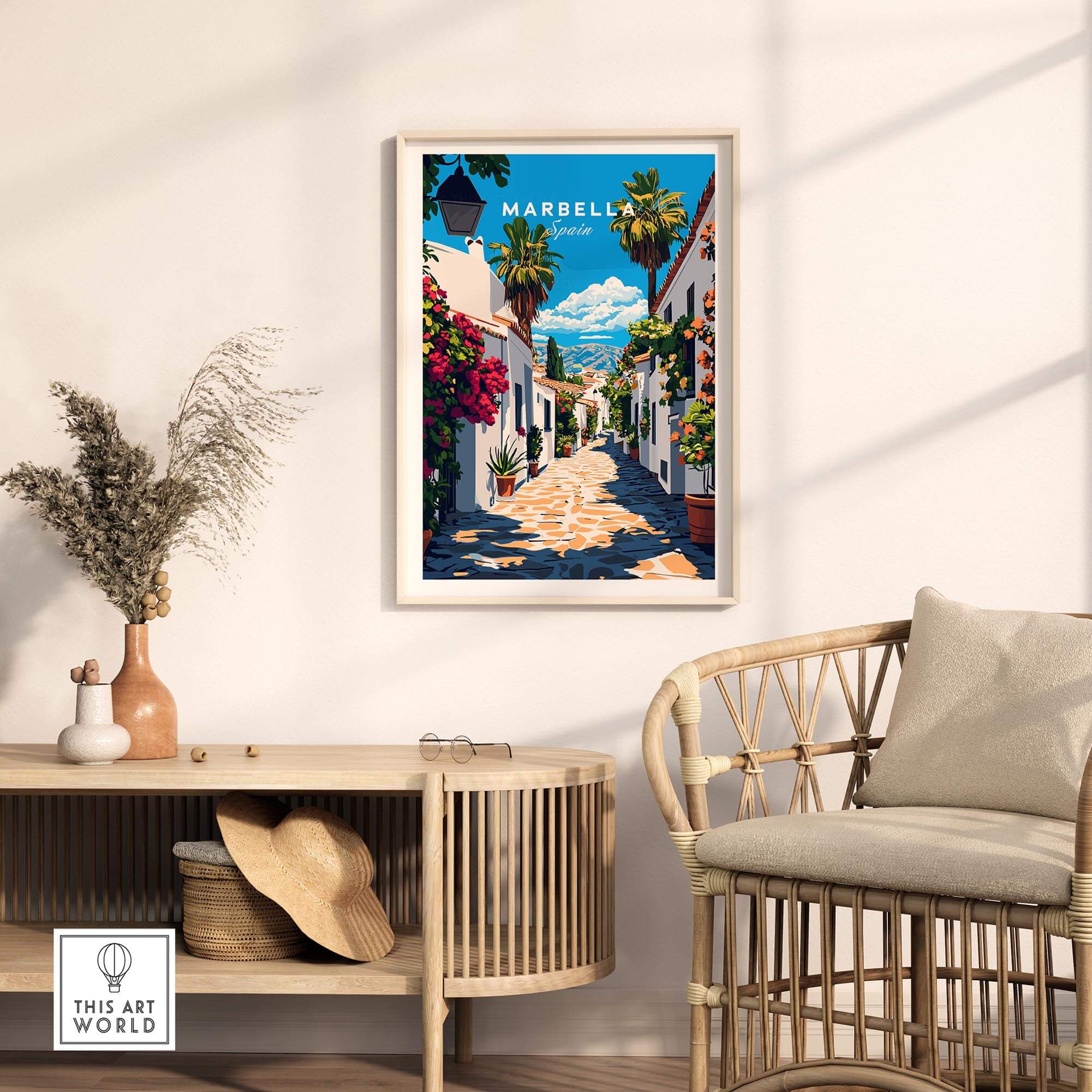 Marbella Travel Print displayed in a stylish home setting with beautiful decor.