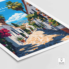 Marbella Travel Print showcasing a vibrant street lined with flowers and palm trees, capturing the beauty of Marbella.