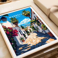 Marbella Travel Print featuring a vibrant street scene in Marbella, Spain with colorful flowers and picturesque architecture.