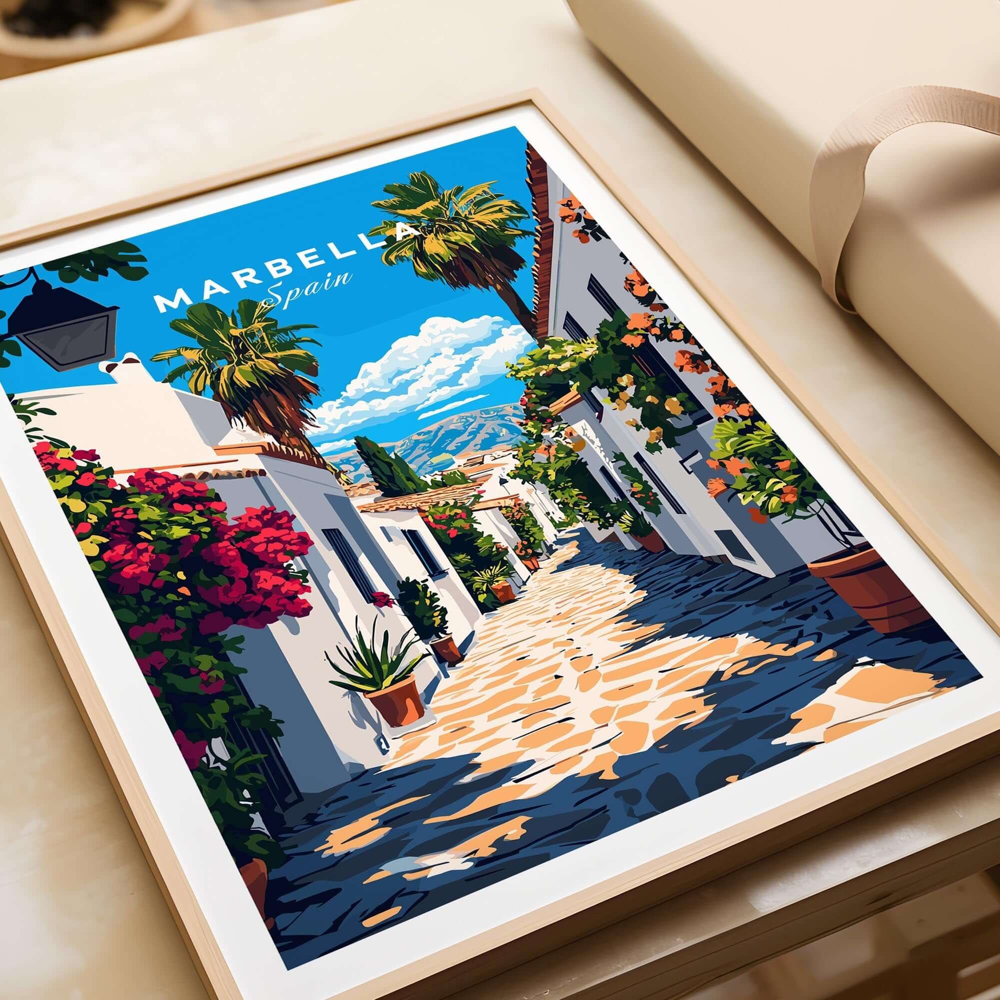 Marbella Travel Print featuring a vibrant street scene in Marbella, Spain with colorful flowers and picturesque architecture.