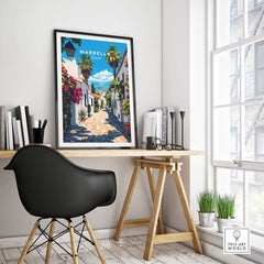 Marbella Travel Print showcasing a vibrant depiction of a scenic street in Marbella, perfect for home decor.