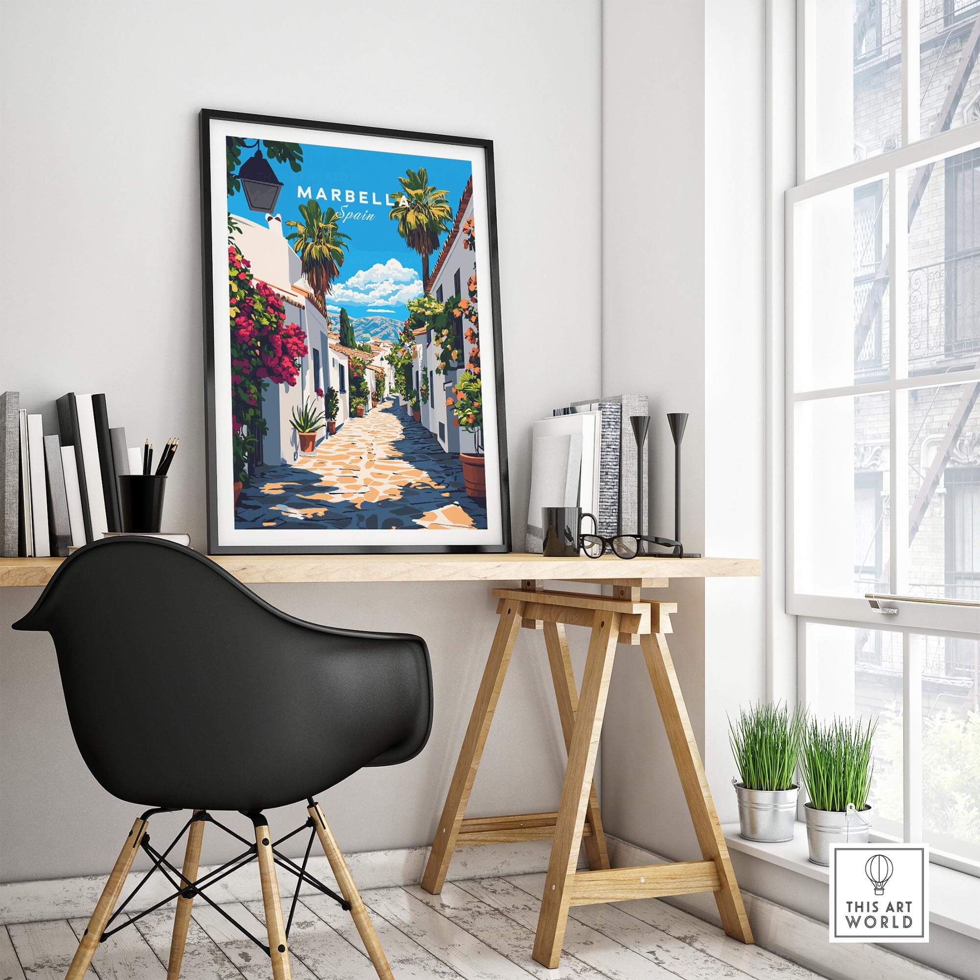 Marbella Travel Print showcasing a vibrant depiction of a scenic street in Marbella, perfect for home decor.