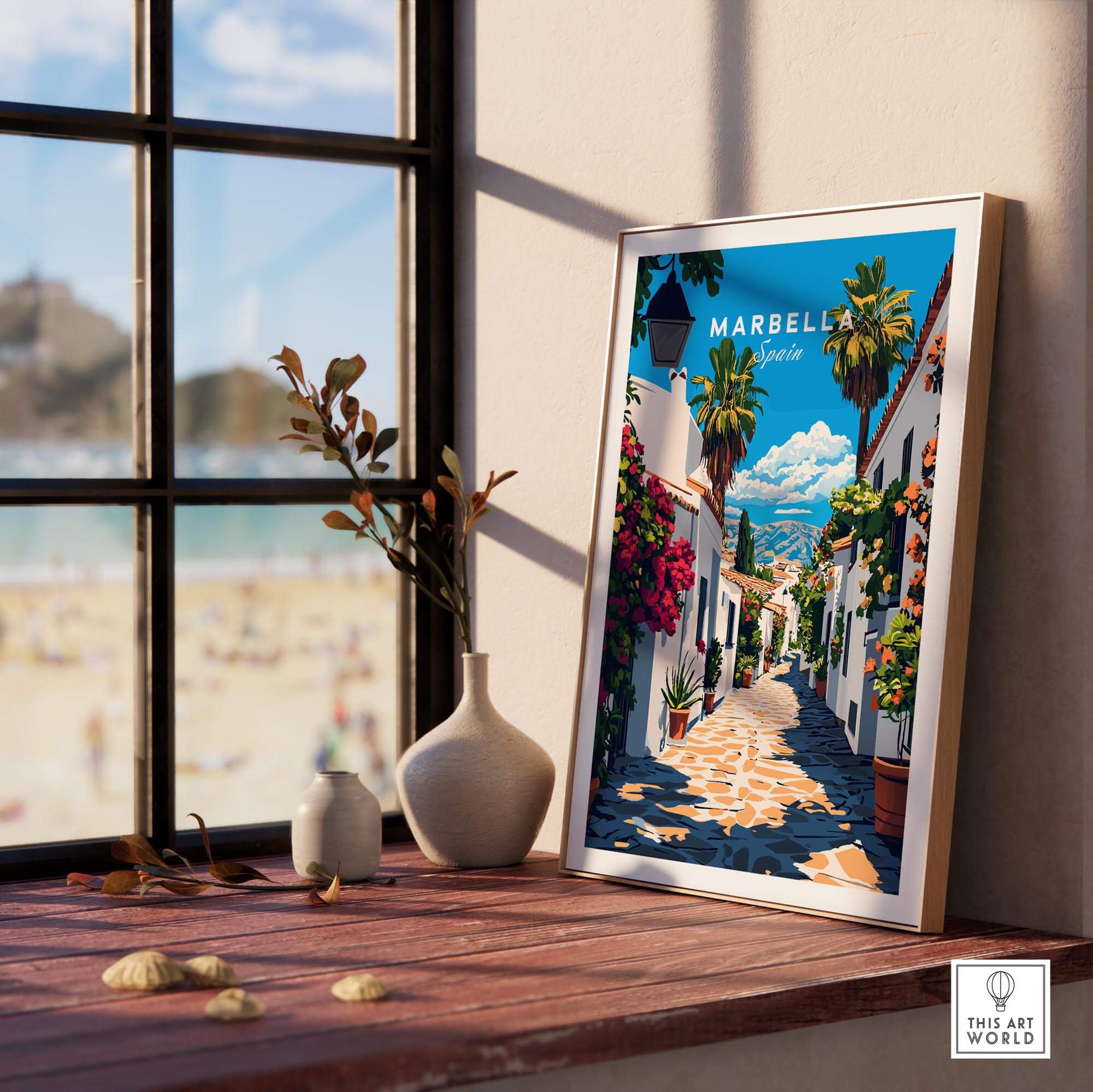 Marbella Travel Print displayed on a shelf with a window view, showcasing a beautiful street in Marbella, Spain.