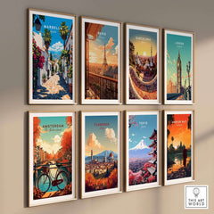 Colorful travel prints featuring Marbella Travel Print alongside iconic cities like Paris, Barcelona, and London in vibrant designs.