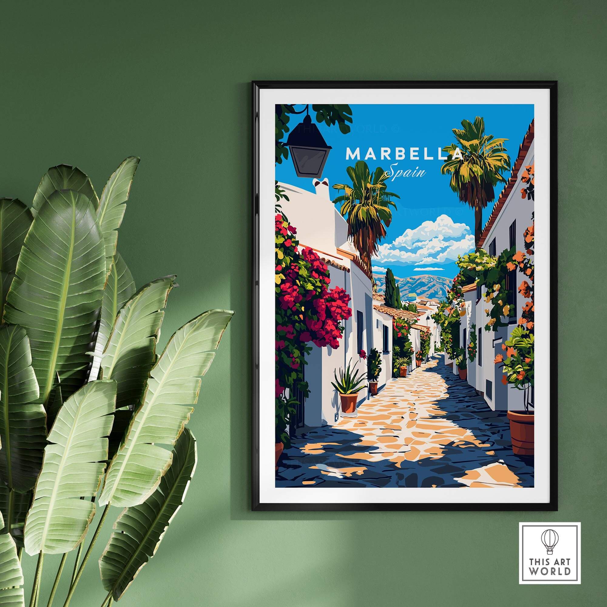 Marbella Travel Print showcasing a scenic street in Marbella, Spain, perfect for wall decor in homes.