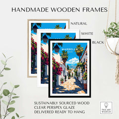 Handmade wooden frames featuring Marbella Travel Print in natural, white, and black options for wall decor.