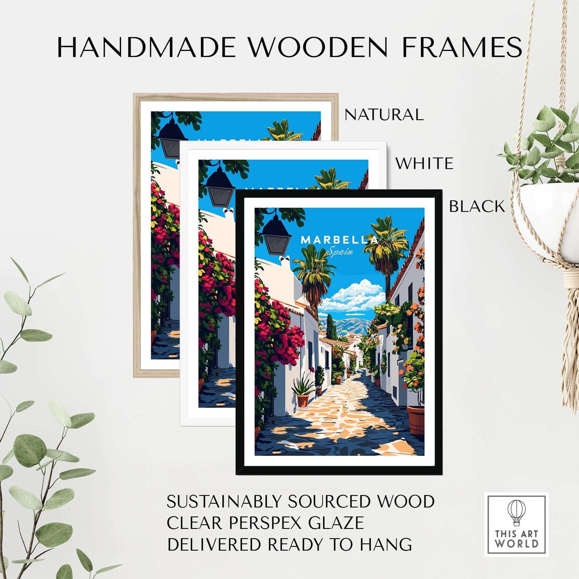 Handmade wooden frames featuring Marbella Travel Print in natural, white, and black options for wall decor.