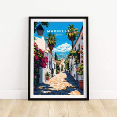 Marbella Travel Print showcasing a vibrant street scene with flowers and palm trees in Marbella, Spain.