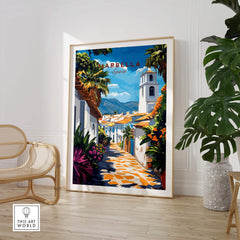 Marbella Wall Art featuring a vibrant travel poster of Marbella, Spain, creating a stylish atmosphere in a home decor setting.